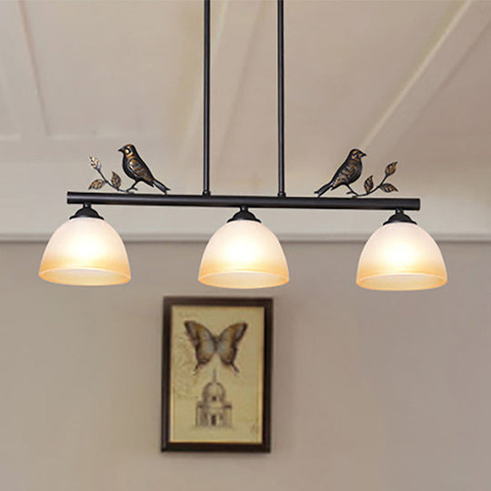 Traditional White Glass Barrel Pendant Light With Birds - 3-Light Black Dining Room Island Fixture