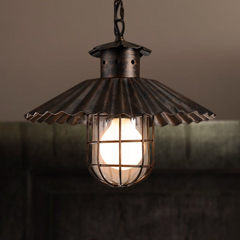 Rustic Wrought Iron Scalloped-Edged Hanging Lamp with Cage - 1 Head Pendant Light for Restaurants