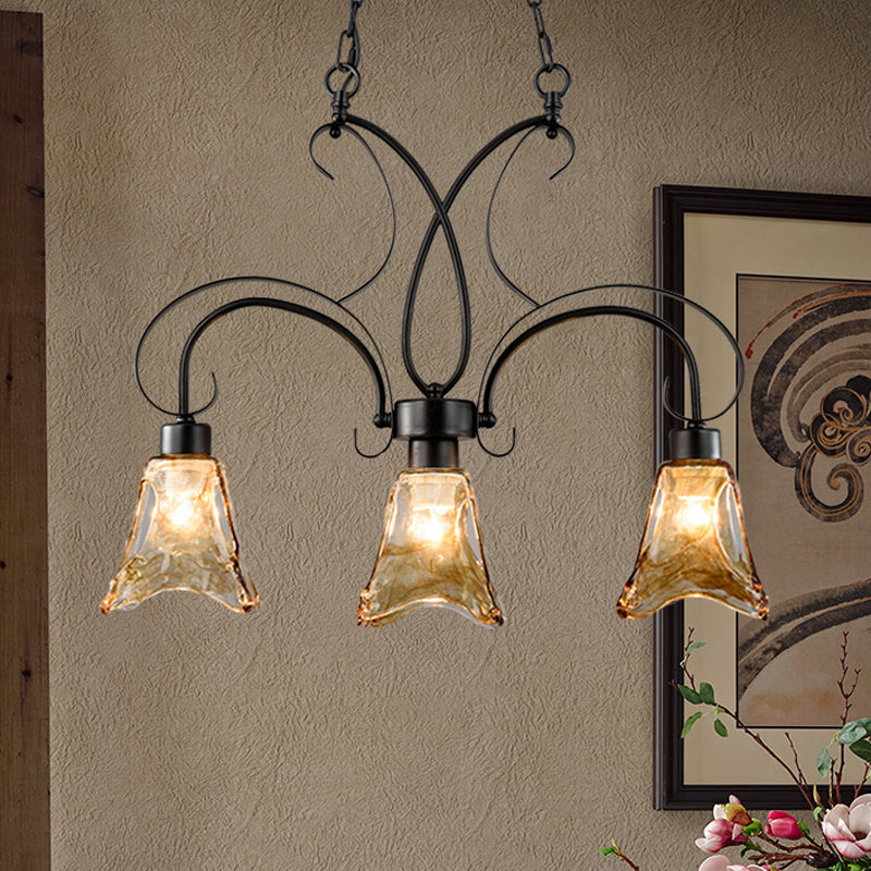 Black Flower Island Pendant With Textured Glass - Perfect For Dining Room 3 Bulb Hanging Ceiling