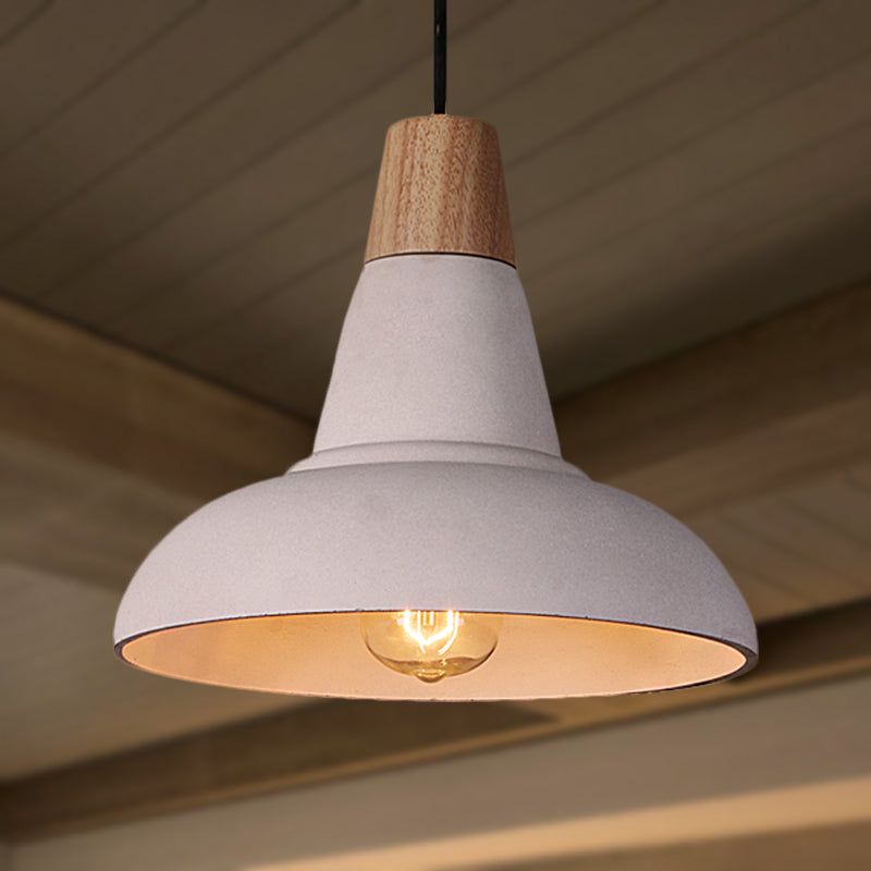 Industrial Style Cement and Wood Pendant Light with Grey/White Bowl Shade