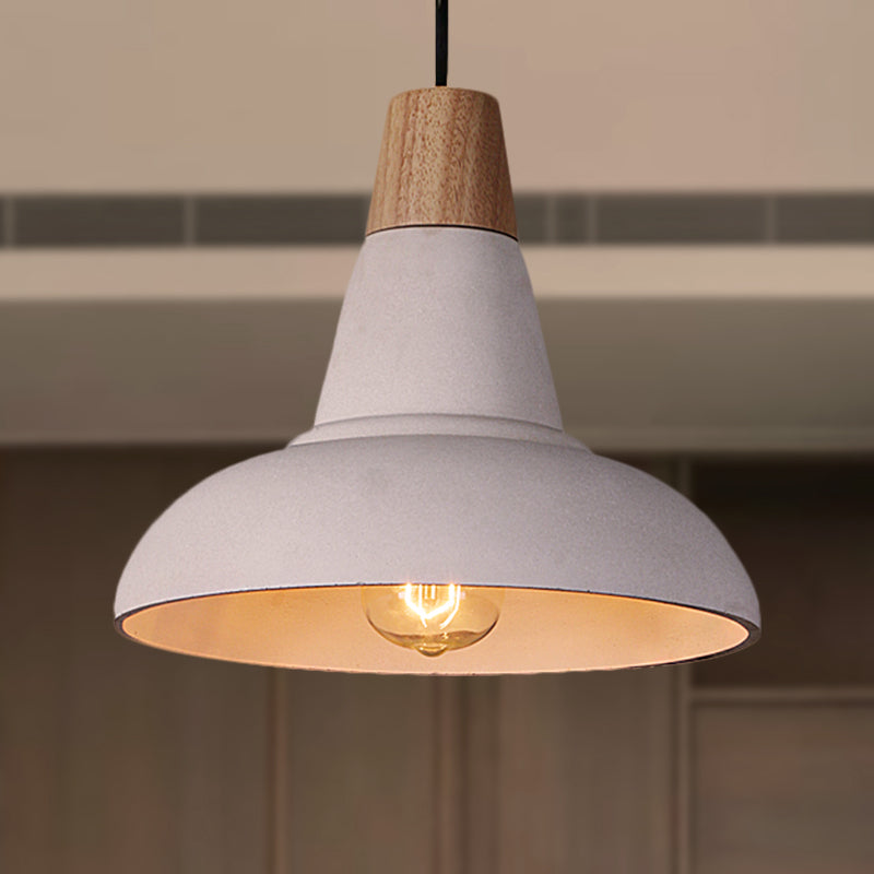 Industrial Style Ceiling Pendant - Cement & Wood Finish Grey/White Bowl Shade 1 Light Bedside