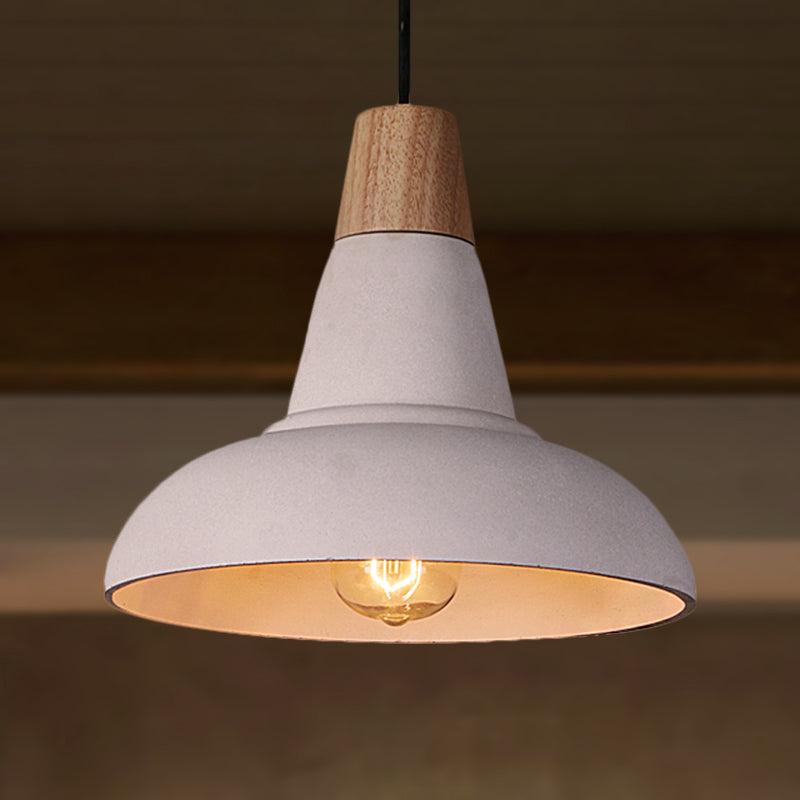 Industrial Style Ceiling Pendant - Cement & Wood Finish Grey/White Bowl Shade 1 Light Bedside