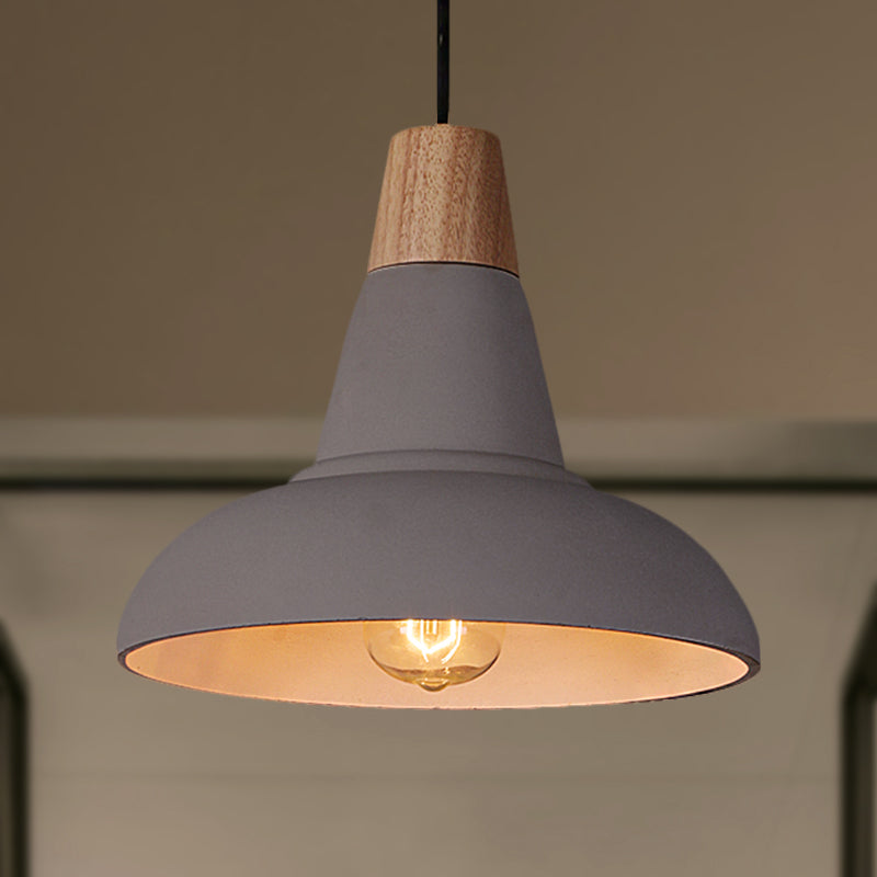 Industrial Style Ceiling Pendant - Cement & Wood Finish Grey/White Bowl Shade 1 Light Bedside