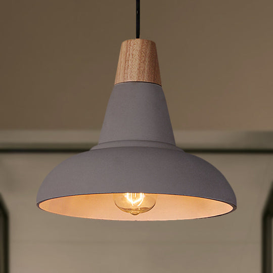 Industrial Style Ceiling Pendant - Cement & Wood Finish Grey/White Bowl Shade 1 Light Bedside