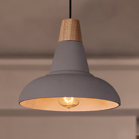 Industrial Style Cement and Wood Pendant Light with Grey/White Bowl Shade