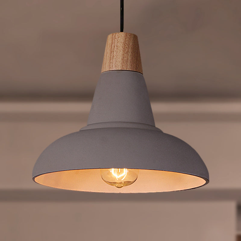 Industrial Style Ceiling Pendant - Cement & Wood Finish Grey/White Bowl Shade 1 Light Bedside