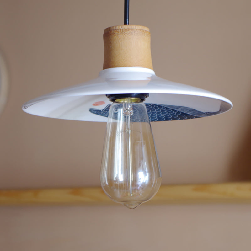 Contemporary White Pendant Lamp Saucer Ceramic And Wood 1-Light 8.5/10.5 W Fish Pattern