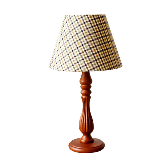 Barrel Shape Desk Lamp - Beige/Tan/Dark Blue Traditional Fabric Bedroom Reading Light With Wood Base