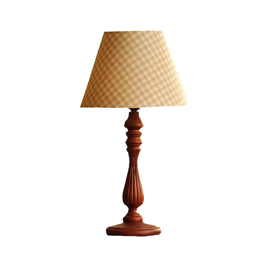 Barrel Shape Desk Lamp - Beige/Tan/Dark Blue Traditional Fabric Bedroom Reading Light With Wood Base