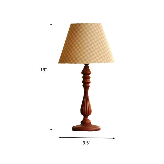 Barrel Shape Desk Lamp - Beige/Tan/Dark Blue Traditional Fabric Bedroom Reading Light With Wood Base