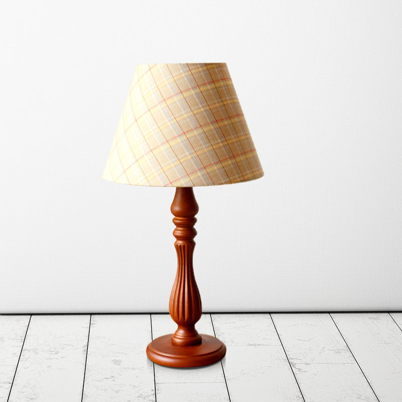 Barrel Shape Desk Lamp - Beige/Tan/Dark Blue Traditional Fabric Bedroom Reading Light With Wood Base