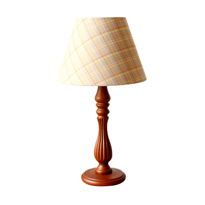 Barrel Shape Desk Lamp - Beige/Tan/Dark Blue Traditional Fabric Bedroom Reading Light With Wood Base