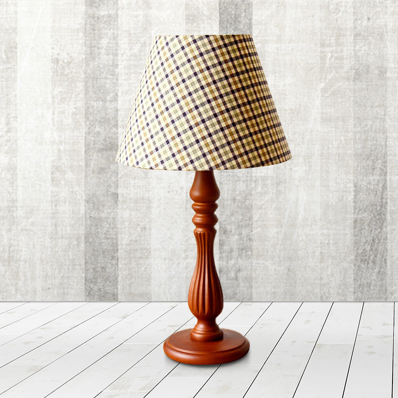 Barrel Shape Desk Lamp - Beige/Tan/Dark Blue Traditional Fabric Bedroom Reading Light With Wood Base