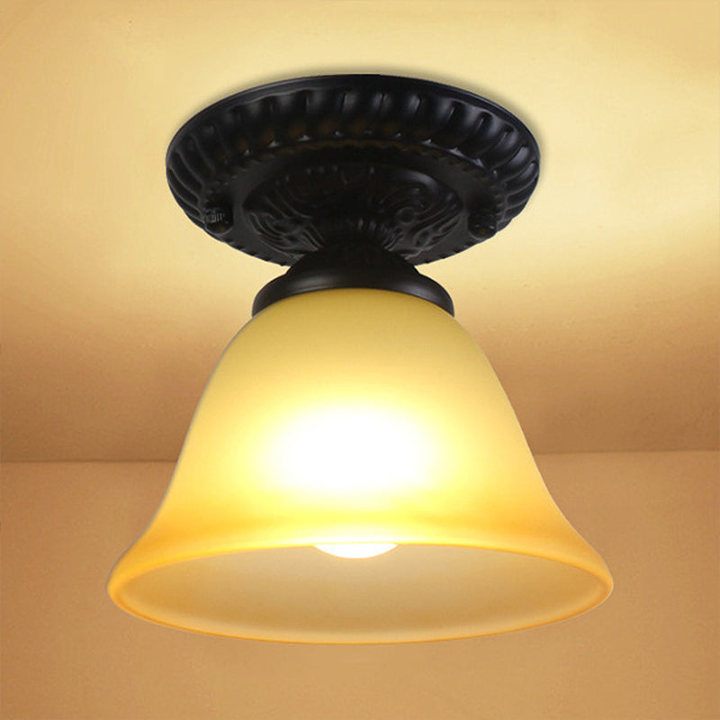 Vintage Black Semi Flush Ceiling Light with Bell Shade, Opal/Amber Glass - Ideal for Living Room