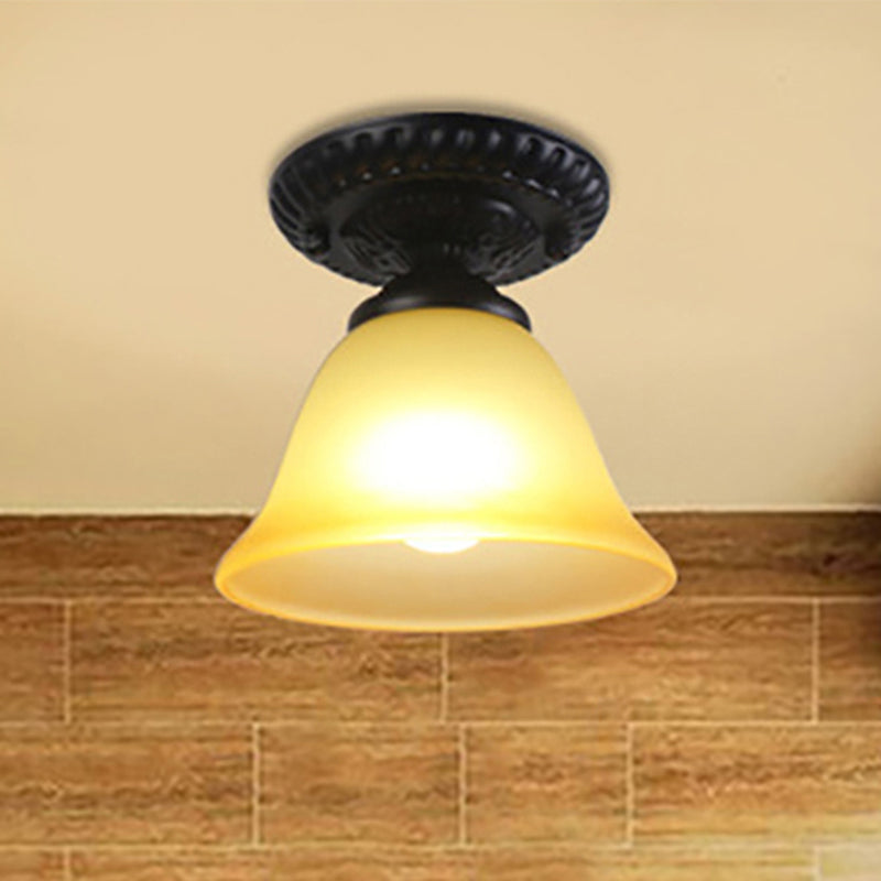 Vintage Black Semi Flush Ceiling Light with Bell Shade, Opal/Amber Glass - Ideal for Living Room