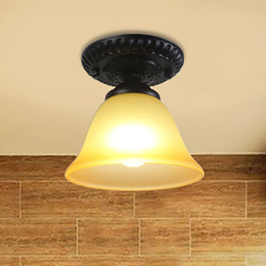 Vintage Black Semi Flush Ceiling Light with Bell Shade, Opal/Amber Glass - Ideal for Living Room