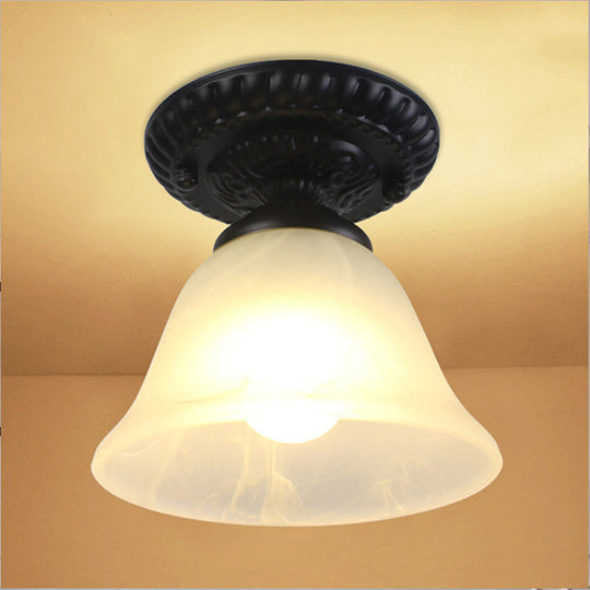 Vintage Black Semi Flush Ceiling Light with Bell Shade, Opal/Amber Glass - Ideal for Living Room