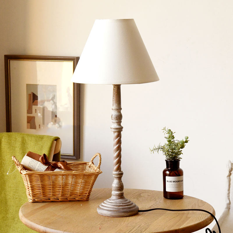 Traditional White Barrel Shape 1-Light Fabric Desk Lamp: Bedroom Reading Light With Wood Base