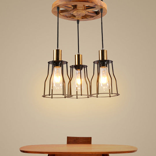 Industrial Wood Bell Cage Pendant Light with Brass Accents - 3/6 Lights for Living Room