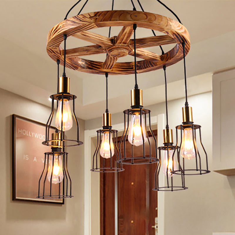 Industrial Wood Bell Cage Pendant Light With 3/6 Brass Lights For Living Room 6 /