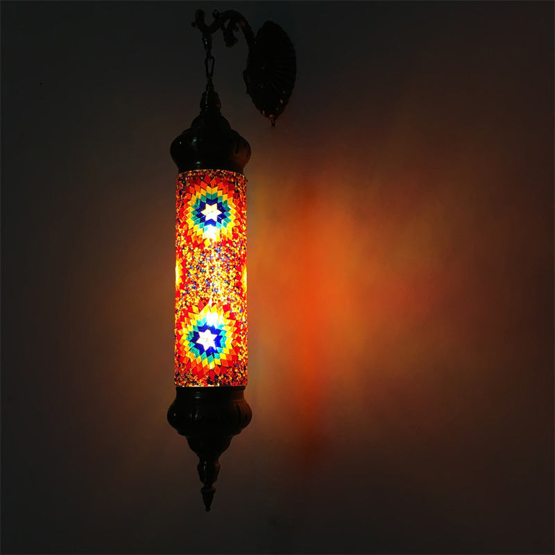 Retro Glass Wall Sconce Lamp With Metal Arm For Living Room - Red/Yellow/Blue Cylinder Bulb Fixture