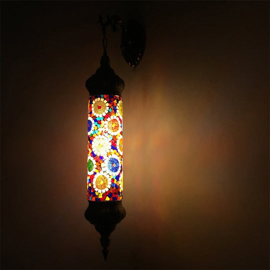 Retro Glass Wall Sconce Lamp With Metal Arm For Living Room - Red/Yellow/Blue Cylinder Bulb Fixture