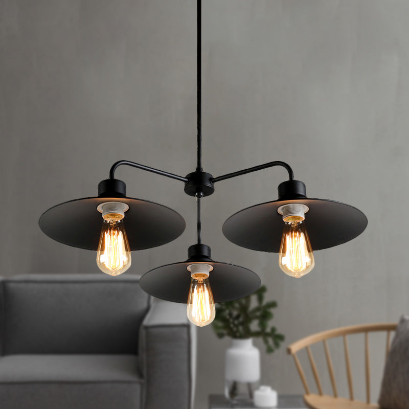 Industrial Round Black Chandelier Pendant Light - Vintage Style, Metallic Finish, with Hanging Rod - 3/5 Lights