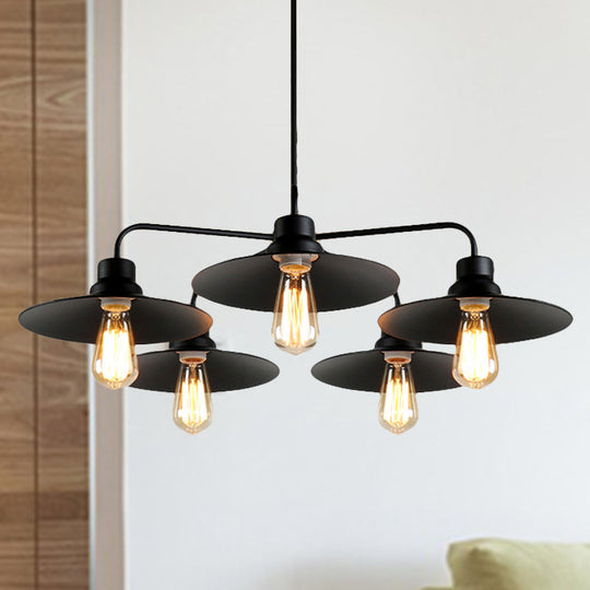 Industrial Round Black Chandelier Pendant Light - Vintage Style, Metallic Finish, with Hanging Rod - 3/5 Lights