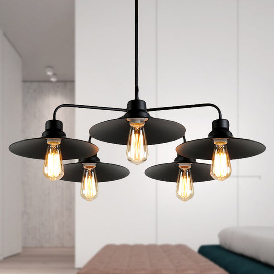 Industrial Round Black Chandelier Pendant Light - Vintage Style, Metallic Finish, with Hanging Rod - 3/5 Lights