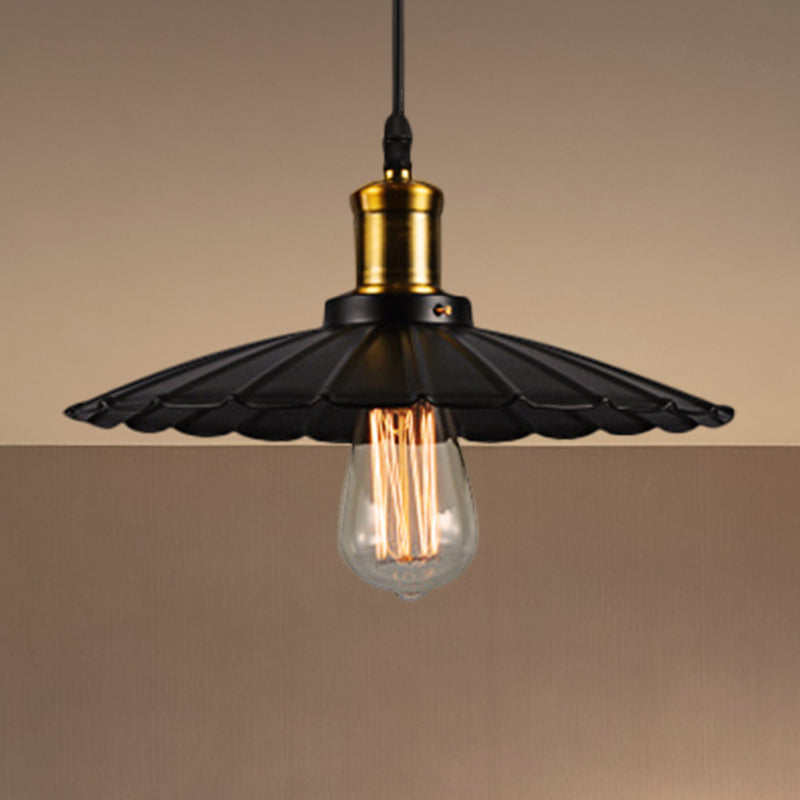 Industrial Scalloped Pendant Light - 1 Head 14"/16" Metallic Ceiling Lamp in Black/White