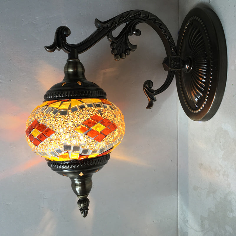 Curved Arm Sconce Light: Traditional Metal 1-Head Bronze Wall Lamp With Ball Yellow/Green Glass