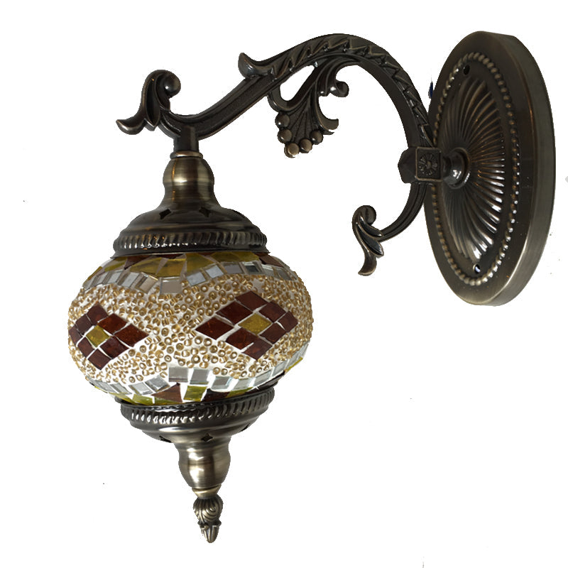 Curved Arm Sconce Light: Traditional Metal 1-Head Bronze Wall Lamp With Ball Yellow/Green Glass