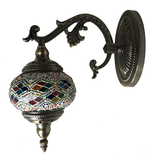 Curved Arm Sconce Light: Traditional Metal 1-Head Bronze Wall Lamp With Ball Yellow/Green Glass