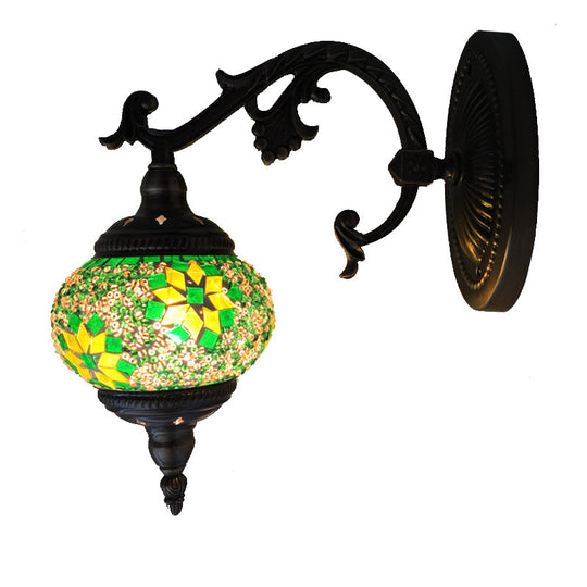 Traditional Bronze 1-Bulb Armed Wall Sconce Light With Global Green Glass Shade