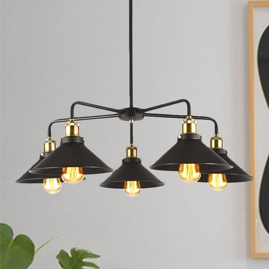 Industrial Style Black Metallic Hanging Light Chandelier For Dining Table - 3/4/5 Head Conical