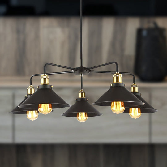 Industrial Style Black Metallic Hanging Light Chandelier For Dining Table - 3/4/5 Head Conical