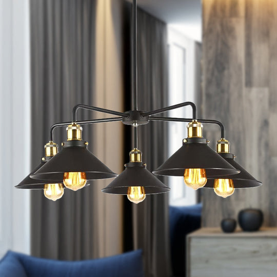 Industrial Style Black Metallic Hanging Light Chandelier For Dining Table - 3/4/5 Head Conical