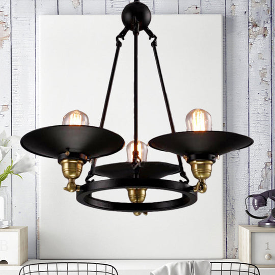 Vintage Style Metal Ring Chandelier with Flared Shade - 3/6 Lights - Dining Table Pendant Lighting in Black