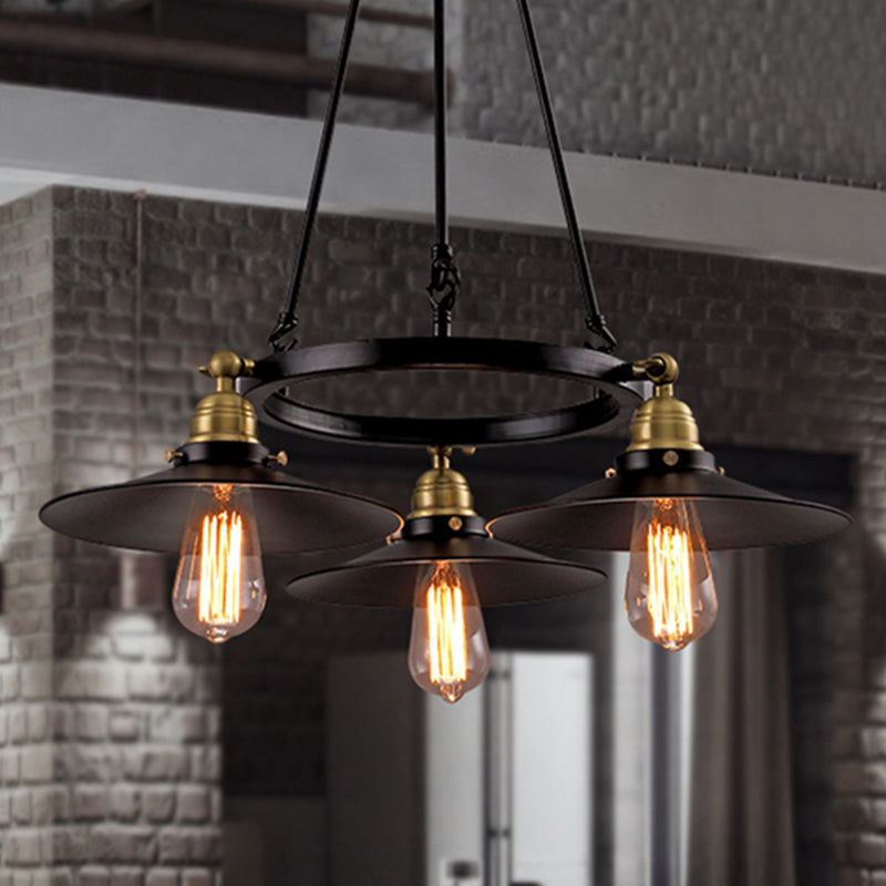 Vintage Style Metal Ring Chandelier with Flared Shade - 3/6 Lights - Dining Table Pendant Lighting in Black