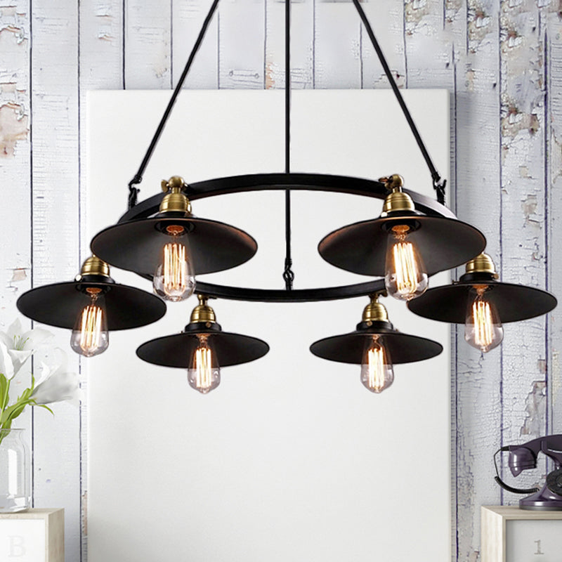 Vintage Style Metal Ring Chandelier with Flared Shade - 3/6 Lights - Dining Table Pendant Lighting in Black