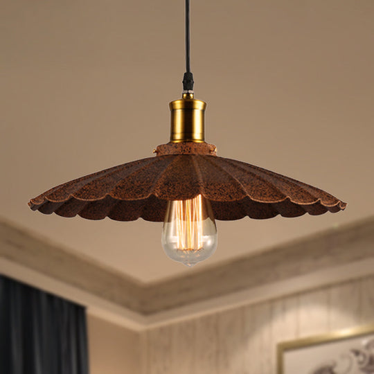 Scalloped Rust Finish Pendant Light - Lodge Style Iron Hanging Lamp 1 10/12 Diameter / 10