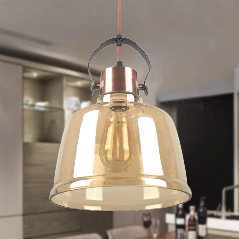 Contemporary Grey/Amber Glass Pendant Light Kit for Dining Room - Dome Design, 1 Light, Black