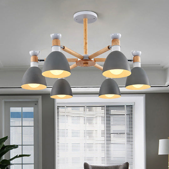 Metal Macaron Chandelier For Kids Bedroom - 6-Light Bowl Shade Ceiling Light Grey