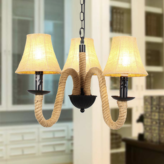 Vintage Style Beige Fabric Shade Chandelier Light Fixture with Rope Detail - Bell/Cone Hanging Lamp (3 Lights)