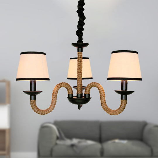 Vintage Style Hanging Chandelier With 3 Bell/Cone Lights Beige Fabric Shade & Rope Detail