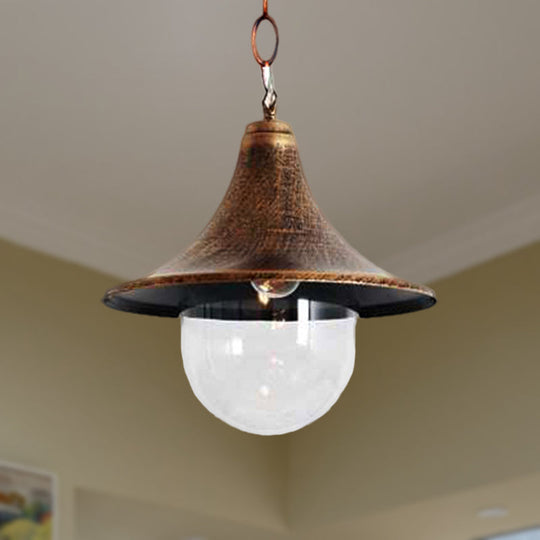 Outdoor Antique Flared Pendant Light with Clear Glass Shade - Rust/Black Finish, 1 Bulb Hanging Lamp