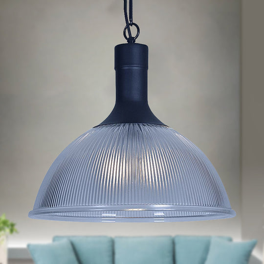 Industrial Ribbed Glass Ceiling Pendant Light With Rust/Black Dome - 1-Light Fixture Black