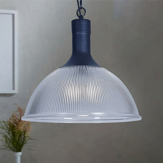 Industrial Ribbed Glass Ceiling Pendant Light With Rust/Black Dome - 1-Light Fixture