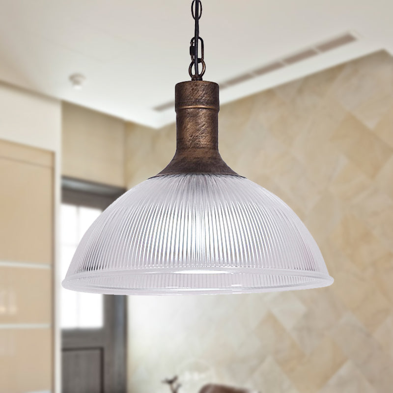 Industrial Ribbed Glass Dome Ceiling Light - Rust/Black Finish with 1 Light - Living Room Pendant Fixture