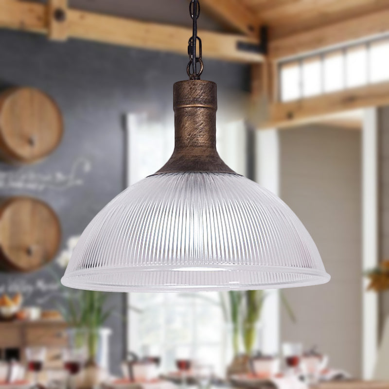 Industrial Ribbed Glass Dome Ceiling Light - Rust/Black Finish with 1 Light - Living Room Pendant Fixture